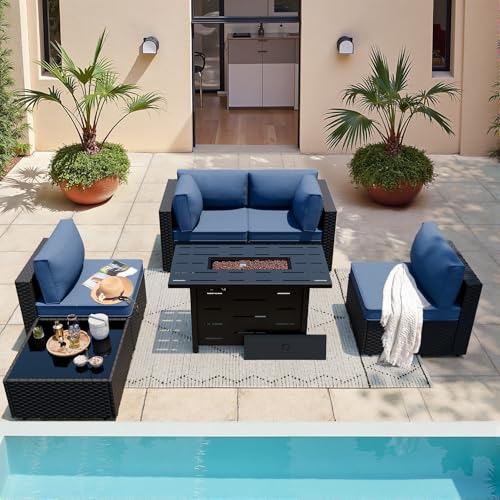 SUNLEI 5 Piece Outdoor Patio Furniture Set with Fire Pit Table, Black PE Rattan Wicker Conversation Sofa Set with Blue Cushions, All Weather Sectional Patio Couch for Backyard, Deck, Garden, Porch