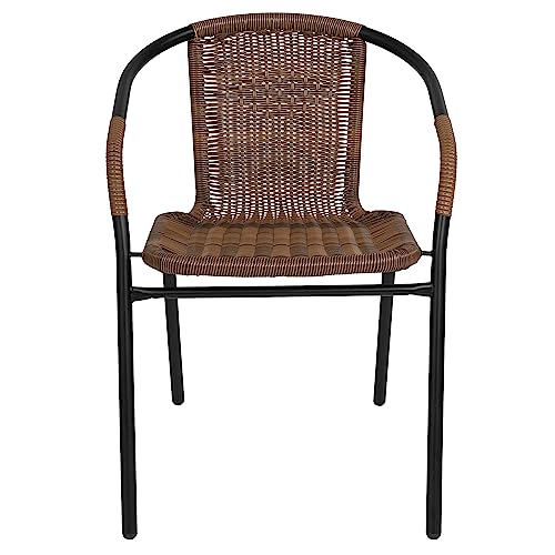 EMMA + OLIVER Set of 2 Modern PE Rattan Stack Chairs, Indoor/Outdoor Patio Dining Chairs, No Assembly Required, Brown
