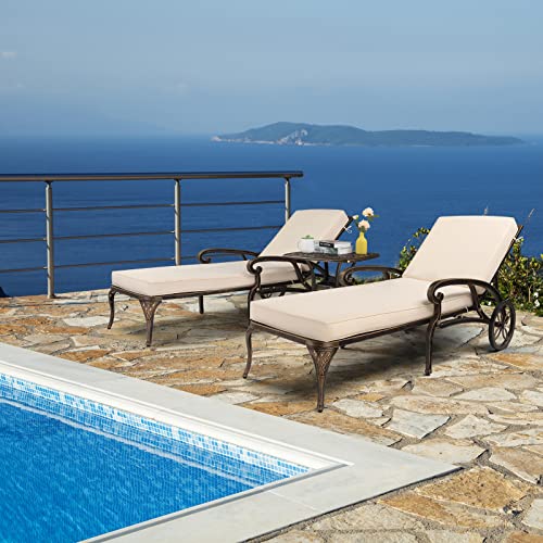 VINGLI Cast Aluminum Outdoor Chaise Lounge Chair with Wheels, Patio Chaise Lounges with 3-Position Adjustable Backrest, Pool Lounge Chair Reclining Chairs for Poolside Tanning (2, Bronze & Cushion)