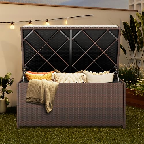 DWVO Outdoor Storage Bench, 70 Gallon Patio Storage Box w/Handles and Soft Cushion,PE Rattan Benches for Outside, Patio, Yard, Lawn, Garden,Brown