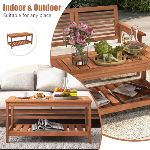 Tangkula Wood Outdoor Coffee Table, 2-Tier Patio Coffee Table with Slatted Hardwood Tabletop & Storage Shelf, Rectangle Wood Table for Deck, Garden, Balcony, Indoor or Outdoor Use (Natural)