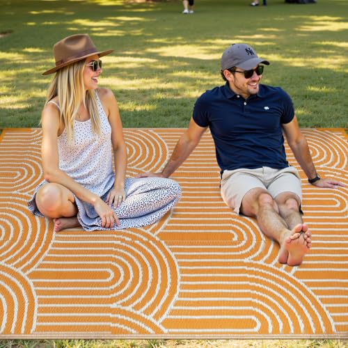 Anidaroel Rainbow Patio Rugs Outdoor 8’X10’ Waterproof, Reversible Camping Rug for Outside RV, Portable Plastic Straw Outdoor Area Rug for Backyard, Garden, Pool Deck (Orange, 8‘X10')