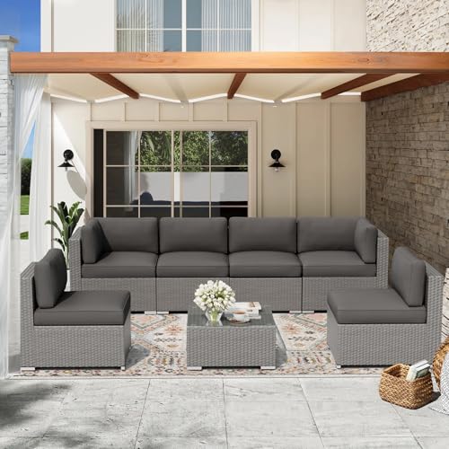 Oakcloud 7-Piece Outdoor Grey Rattan Wicker Sectional Conversation Sets Patio Furniture Sofa Set with Cushions and Glass Top Table(Grey)