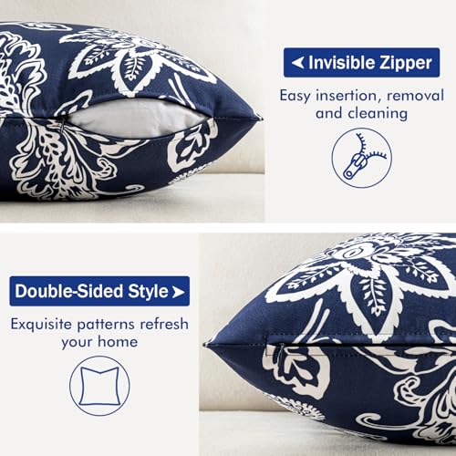 SWANCOCO Decorative Outdoor Floral Pillow Covers Set of 2,Waterproof Boho Farmhouse Throw Pillows Summer Coastal Accent Pillowcases for Patio Furniture Garden Sofa 18x18 Inch, Navy Blue