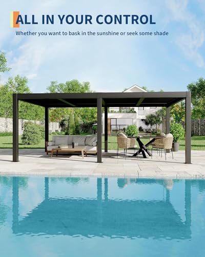 CABIHOME 12' x 20' Louvered Pergola, Outdoor Aluminum Pergola with Adjustable 0°-90° Roof, Reinforced Frame, Hidden Drainage System, Hardtop Gazebo for Patio, Deck, Backyard, Gray