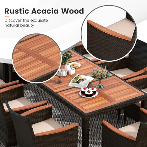 Tangkula 11 Pieces Rattan Outdoor Dining Set with 15Ft Solar Patio Umbrella for 8, Outdoor Wicker Table Set with 8 Cushioned Chairs, Acacia Wood Top, Outdoor Umbrella with Base Included