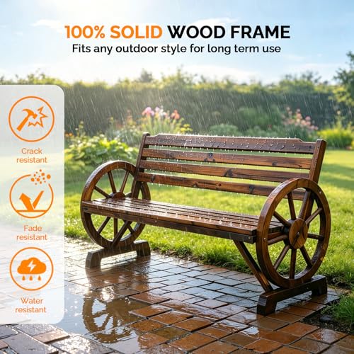VINGLI Rustic Wooden Wheel Bench Outdoor Bench, Patio Bench Wagon Slatted Seat, Garden Benches for Outdoors 350lbs High Capacity, Weather Resistance (Rustic, 55in)