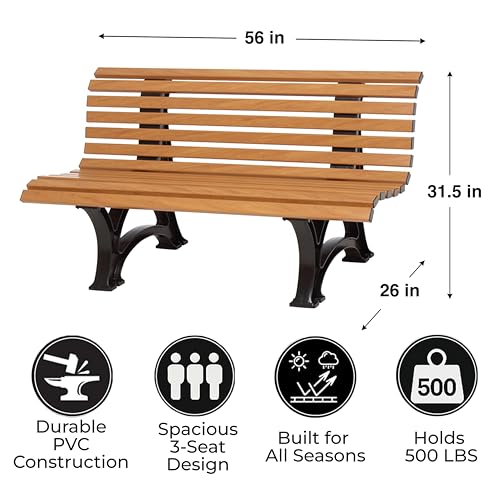 Plow & Hearth Weatherproof German PVC Outdoor Bench | 3-Seat | Holds Up to 500 lbs | Garden Patio Porch Park Deck | Steel and Resin (Wood)