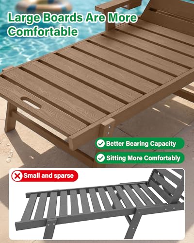 YEFU Lounge Chair Outdoor Set of 2: Outdoor Chaise Lounge with 5-Level Adjustable Backrest, Cup Holders & Wheels, All-Weather Resistance Chaise Lounge for Outside/Patio/Beach/Deck, Teak