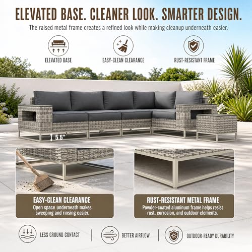 Sweecci 6-Piece Outdoor Patio Furniture Set, Modern PE Wicker Outdoor Sectional Sofa with Storage Armrests & 5.5" Thick Cushions, L-Shaped Couch for Deck, Porch, Backyard, Charcoal Gray