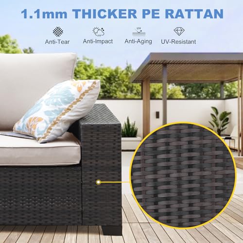 SunloungeCo Patio Furniture Set, 6 Pieces Outdoor Couch Sofa with Wider Armrests & Glass Coffee Table, Outdoor Sectional Furniture with Thick Cushions for Party, Poolside,Garden-Beige