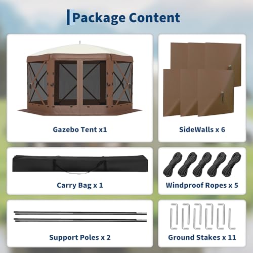 GarveeLife 11.5x11.5FT 6-Sided Pop Up Gazebo Tent，One-Push Setup Canopy Tent with Mesh Panels & Removable Wind Cloths, Outdoor shelter for Camping, Backyard Parties, Outdoor Events - Beige & Khaki