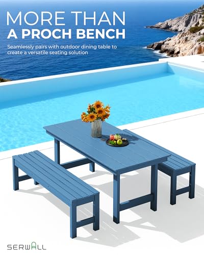 SERWALL 47 Inches Outdoor Bench, All Weather HDPE Backless Bench with Wood Grain Texture for Garden Porch and Park, Curved Bench Seat for Comfort, Blue