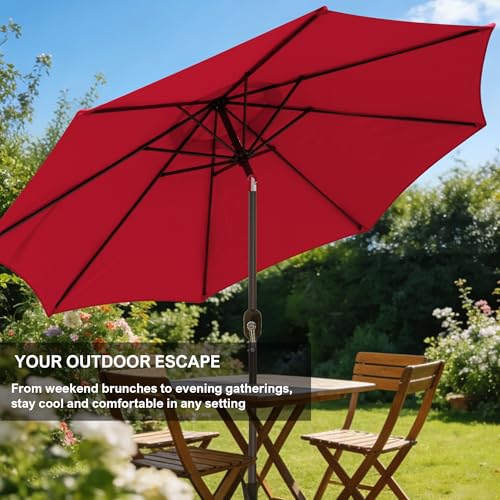 Blissun 9' Outdoor Patio Umbrella, Outdoor Table Umbrella, Yard Umbrella, Market Umbrella with 8 Sturdy Ribs, Push Button Tilt and Crank (Red)