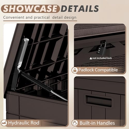 Devoko 100 Gallon Deck Box, Waterproof Resin Outdoor Storage Box with Cushion for Outside and Patio, Large Outdoor Storage Bench Cabinet Lockable for Patio Furniture and Garden Tools (Deep Brown)