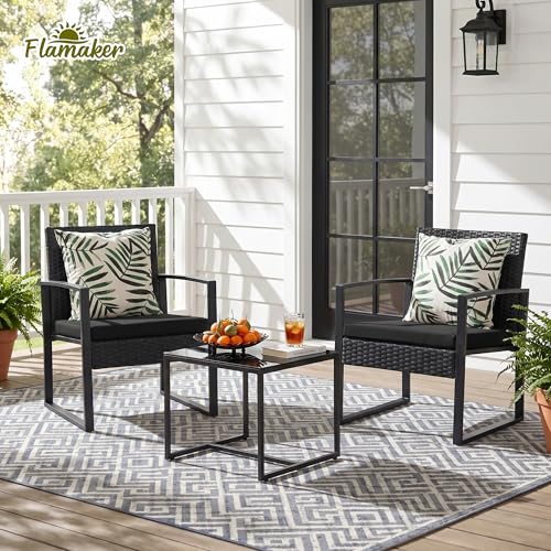 Flamaker 3 Pieces Outdoor Patio Wicker Furniture Set, Modern Rattan Chair Conversation Sets with Coffee Table for Yard and Bistro (Black)