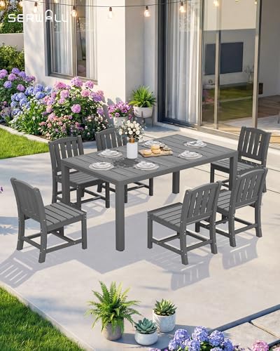 SERWALL 10-Piece Patio Dining Sets with 15FT Patio Umbrella, 60" - 83" Expandable Outdoor Dining Table and 8 HDPE Chairs, All Weather HDPE Outdoor Furniture Set, Grey (Umbreall Base not Included)