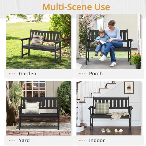 LUE BONA Outdoor Bench, 2-Person HDPS Garden Bench, Outdoor Benches Weatherproof, All-Weather Fade/Rot Resistant Patio Bench for Park, Front Porch, Backyard (Black)