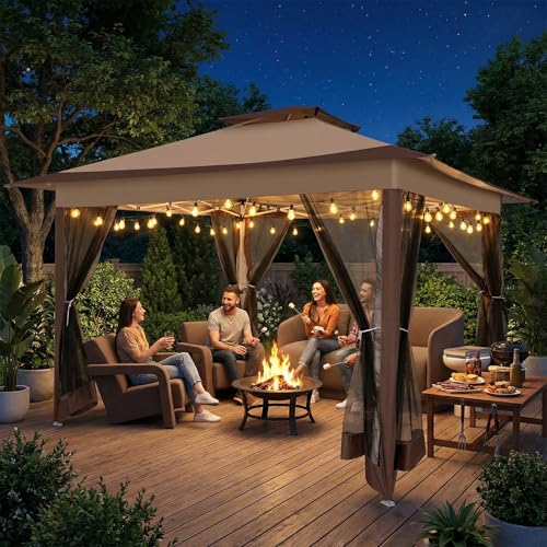COBIZI 12x12 Pop Up Gazebos On Clearance - Upgrade Easy Up Metal Outdoor Gazebo Waterproof - Portable Gazebo with Mosquito Nettings, 4 Ropes 8 Stakes and Carry Bag for Patio Garden(Coffee)
