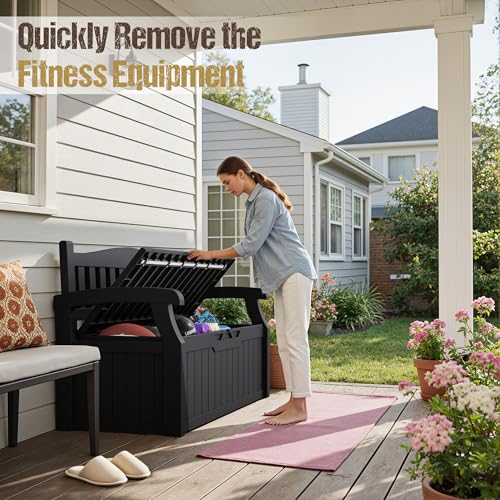 Acurax 80-Gallon Outdoor Storage Bench, Waterproof Deck Box with Lockable Lid & Armrests for Patio, Garden, Pool, Black