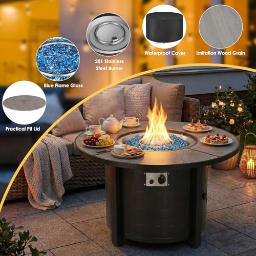 TLGREEN Propane Fire Pit Table 42 Inch Round – 50,000 BTU Outdoor Fire Pit with Lid, Converts to Patio Coffee Table, Certified, Includes Waterproof Cover & Blue Fire Glass(Grey)