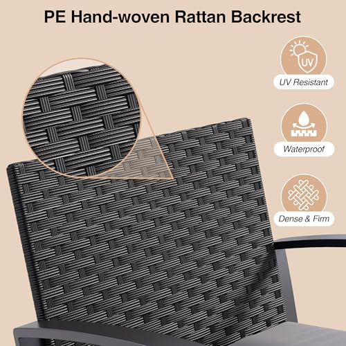 Qsun 3 Pieces Patio Furniture Set Rocking Bistro Set Outdoor Rattan Conversation with Coffee Table for Garden Balcony Backyard Poolside (Grey Cushion)
