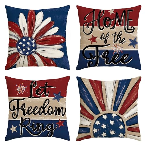 AVOIN colorlife Let Freedom Ring Stars Fireworks Red White Flower Throw Pillow Covers, 18 x 18 Inch 4th of July Patriotic Independence Memorial Day USA Flag Cushion Case for Sofa Couch Set of 4