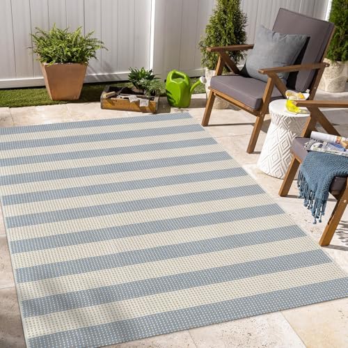 OJIA Washable Area Rugs 4'x6', Striped Outdoor Rug Cotton Woven Entryway Rugs Indoor Patio Rugs Carpet Large Area Rugs for Bedroom/Porch/Deck/Backyard/Camping/Living Room (Blue/White/Tan)