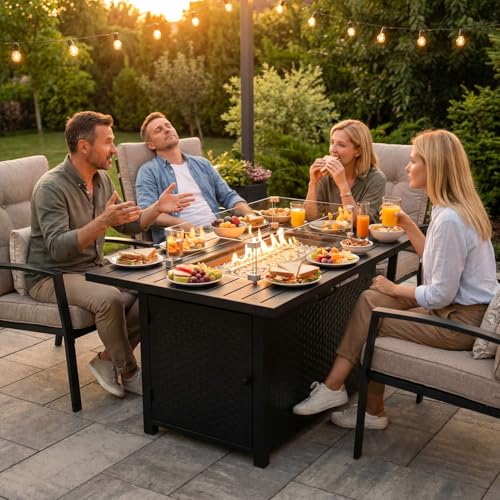 PayLessHere Propane Fire Pit Table, 50,000 BTU CSA-Certified Outdoor Gas Fire Table with Lid, Lava Rock & Glass Wind Guard, Smokeless Patio Firepit for Backyard, Deck & Garden (43 inch)