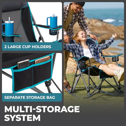 FUNDANGO Oversized Rocking Camping Chair for Adults, Portable Folding Lawn Chairs for Outside with Pillows, Wide Armrest, 2 Cup Holders, Carry Bag for Patio Garden Outdoor Supports 400Lbs (Black/Blue)