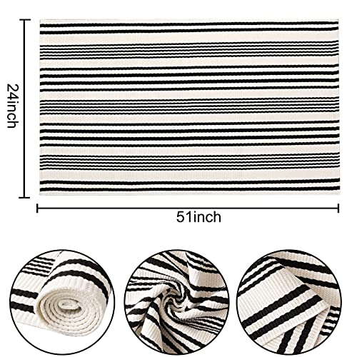 Black and White Striped Outdoor Rug 24'' x 51''Farmhouse Front Porch Rug Hand-Woven Machine Washable Layered Door Mats for Entryway/Bedroom/Patio/Porch Decor