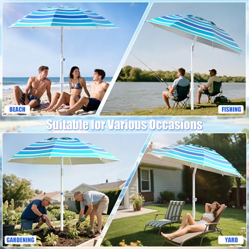 Alfolive 8FT. Large Beach Umbrella with Heavy Duty Sand Anchor & Tilt Sun Shelter, UPF50+ UV Protection, Wind Resistance, Waterproof Canopy, Portable for Beach Outdoor Patio Yard Garden Pool, Blue