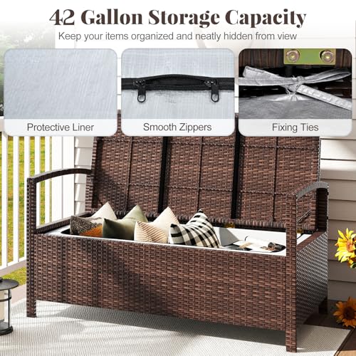 Tangkula 42 Gallon Outdoor Bench with Storage, Outdoor PE Rattan Storage Bench with Cushion, Backrest & Acacia Wood Armrests, Metal Frame, Waterproof Deck Box Seat for Porch Backyard Poolside