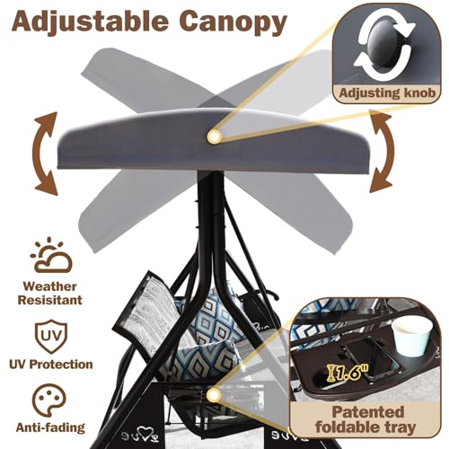 ZZW 3 Person Patio Swing Outdoor Swing for Adults with Adjustable Canopy &Upgraded Cup Holders Textilene Fabric Porch Swing Chair with Stand Heavy Duty 800 LBS