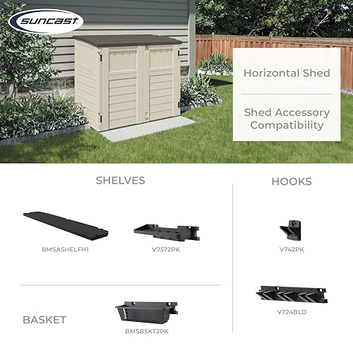 Suncast 34 Cu Ft Horizontal Resin Storage Shed - Outdoor Storage Shed with Floor Included, Lockable, Weatherproof, Fits Small to Medium Trash Cans, Generators, & Garden Tools, Vanilla Stoney
