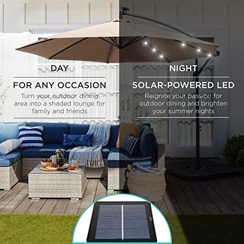 Best Choice Products 10ft Solar LED Offset Cantilever Hanging Market Patio Umbrella, 8 Sturdy Ribs, Easy Adjustment - Tan