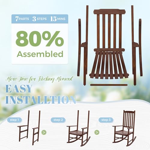 Flamaker Acacia Wood Patio Rocking Chair Set of 2, High Back and Widen Armrest for Adults, Solid Wood Porch Rocking Chair for Lawn, Garden, Backyard (Brown)