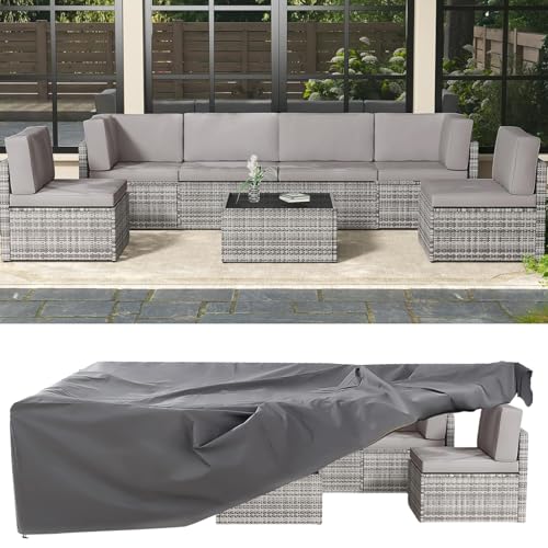 AECOJOY 7 Piece Outdoor Patio Furniture Set, Outdoor Sectional Conversation Furniture Chair with Coffee Table,Patio Sectional for Garden,Backyard(Grey Cushions and Grey PE Rattan, with Cover)