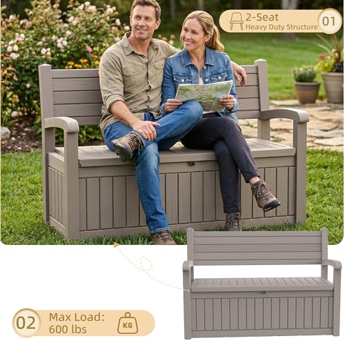 EFU Outdoor Storage Bench, Outdoor Bench with Storage, 80 Gallon Heavy-Duty&Waterproof Lockable Storage Bench Outdoor for Patio, Garden, Porch (Light Brown)