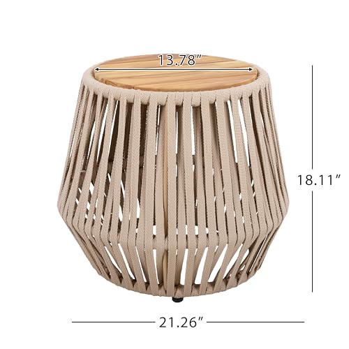 Christopher Knight Home Outdoor Side Table with Rope and Acacia Wood - Teak Finish, 100 LBS Capacity, Weather-Resistant Rope Design for Patio, Deck, Balcony - 21.26" W x 18.11" H, Beige