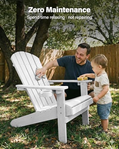 YEFU Adirondack Chair Weather Resistant: Outdoor Chair HIPS Plastic Adirondack Chairs - Patio Chairs with Wood Texture - Lawn Fire Pit Deck Porch Garden Chairs for Adults (White)