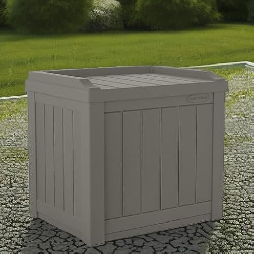 Suncast Outdoor Storage Box - 22 Gallon Stone Gray Resin Outdoor Deck Box with Seat, Weatherproof Patio Storage Bin Container for Keeping Cushions, Tools, & Towels for Pool, Yard, & Garden