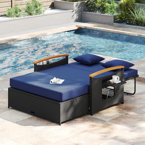 COSTWAY Patio Rattan Daybed, Outdoor Loveseat Sofa with Storage Ottoman, 4-Level Adjustable Backrest & Acacia Wood Armrest, Outdoor Wicker Daybed with Side Panels for Yard, Deck, Poolside (Black&Navy)