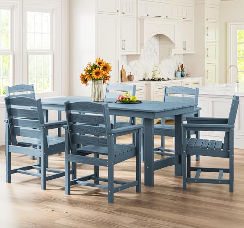 SERWALL 7-Piece Patio Dining Table Sets, Outdoor HDPE Dining Furniture Set with Umbrella Hole Cut-Out Table and 6 Chairs, Blue