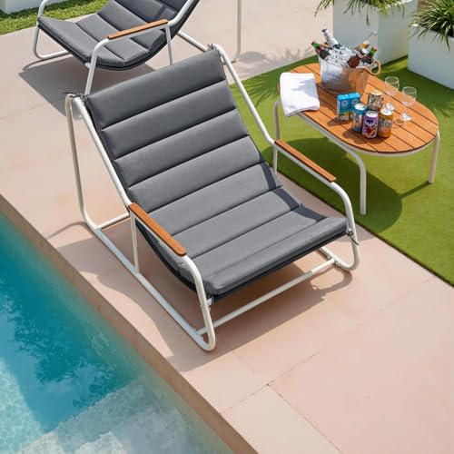 Devoko 3-Piece Patio Furniture Set 2 All-Weather Teslin Chaise Lounge Chairs with Acacia Wood Side Table for Porch, Poolside, Backyard Outdoor Lounge (Grey)