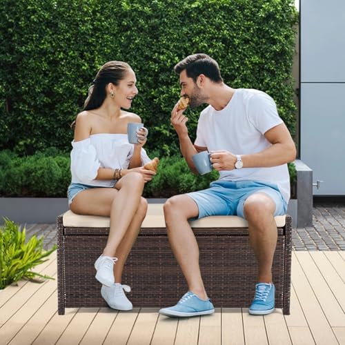 PROHIKER 2-in-1 Wicker Deck Box Bench, All-Weather 55 Gallon Outdoor Storage Box with Cushions and Waterproof Bag, Rattan Storage Bench for Pool Tools, Outdoor Equipments and Garden Tools, Brown/Beige