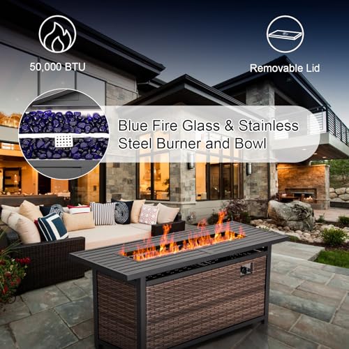 Sophia & William 56 Inch Gas Fire Pit Table Outdoor Rattan Propane Fire Table & Fireplace with Fire Glass, Lid, 50,000 BTU Firepits for Outside Patio