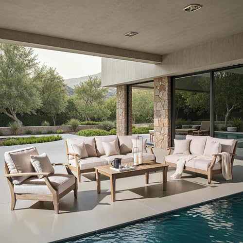 SAFAVIEH Couture Outdoor - Martinique Armchair - Natural & Beige - Solid Wood - Slatted Coastal Design - Ideal for Patio, Deck, Porch, Backyard, 18.3" Seat Height (CPT1011A)