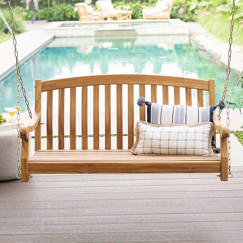 Cambridge Casual Arie Porch Swing – Solid Indonesian Teak Outdoor Hanging Swing Bench with Natural Weather-Resistant Finish – Comfortable 2-Seater Swing for Porch, Patio, Garden, or Backyard