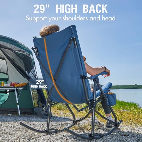 Portal Folding Rocking Camping Chair Outdoor, Thick Padded Rocking Recliner Chair Portable Camping Rocker for Patio Front Porch Backyard Lawn Living Room, Supports 400 LBS, Blue